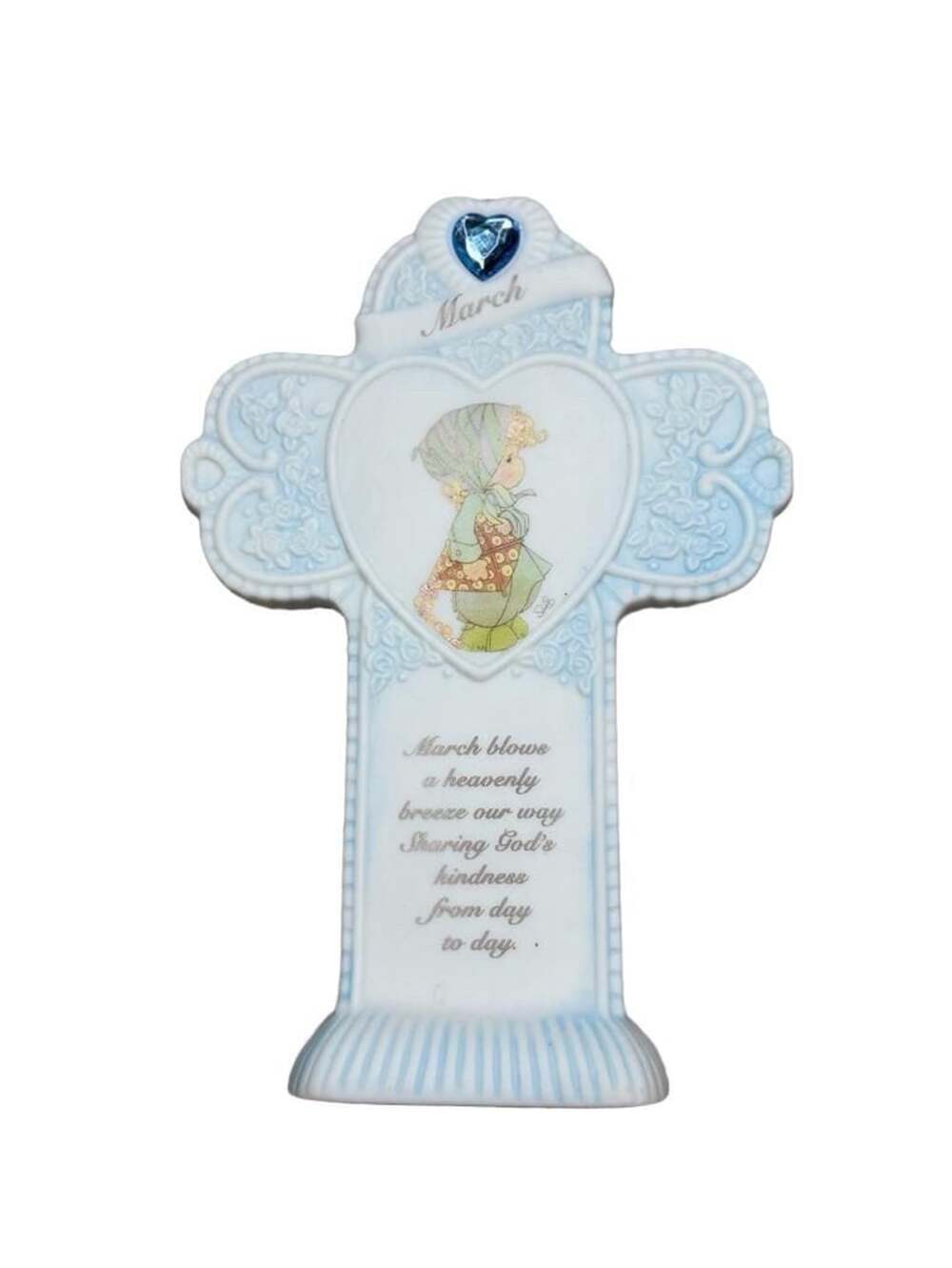 Precious Moments March Standing Cross Figurine Aquamarine Birthstone